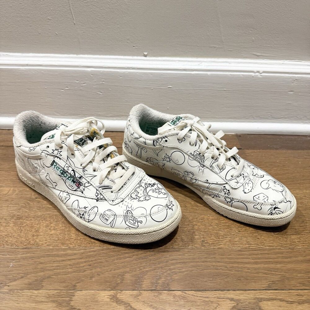 Reebox Tom & Jerry All Over Ivory Cartoon Rare Men Sneakers Size 10 Vintage